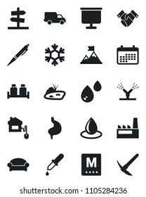Set of vector isolated black icon - waiting area vector, water drop, dropper, stomach, car delivery, presentation board, handshake, pen, pond, factory, menu, salt and pepper, home control, snowflake
