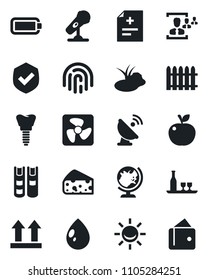 Set of vector isolated black icon - globe vector, fence, water drop, pond, diagnosis, implant, up side sign, shield, satellite antenna, microphone, fingerprint id, battery, hr, book, alcohol, cheese