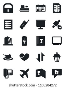 Set of vector isolated black icon - plane vector, suitcase, baggage conveyor, office building, satellite, term, tv, heart, sim, data exchange, lock, charge, presentation board, abacus, wine card