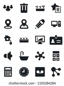 Set of vector isolated black icon - trash bin vector, identity, calculator, seedling, navigation, clock, speaker, share, group, favorites list, record, place tag, monitor statistics, pencil, pc