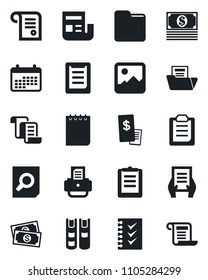 Set of vector isolated black icon - contract vector, document search, notepad, printer, cash, clipboard, gallery, folder, news, checklist, book, restaurant receipt, calendar