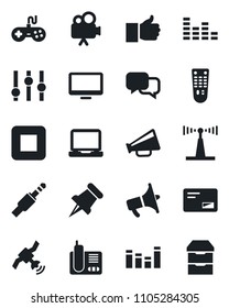 Set of vector isolated black icon - antenna vector, satellite, loudspeaker, gamepad, settings, equalizer, video camera, remote control, dialog, monitor, laptop pc, radio phone, finger up, paper pin