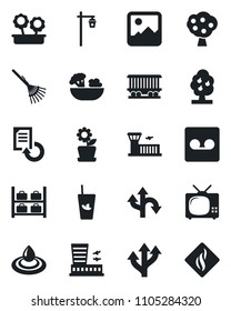 Set of vector isolated black icon - luggage storage vector, airport building, document reload, rake, garden light, route, railroad, gallery, record, fruit tree, tv, flower in pot, phyto bar, salad