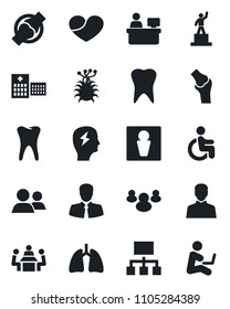 Set of vector isolated black icon - male vector, pedestal, brainstorm, manager place, disabled, lungs, tooth, joint, hospital, virus, client, group, heart, user, meeting, hierarchy