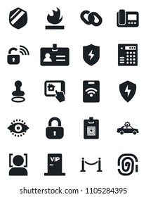 Set of vector isolated black icon - fence vector, alarm car, identity, stamp, shield, flammable, chain, protect, face id, eye, card, lock, vip zone, wireless, intercome, home control app, pass