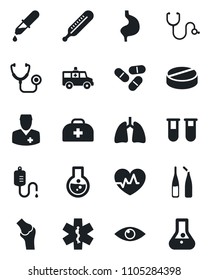 Set of vector isolated black icon - heart pulse vector, doctor case, stethoscope, blood test vial, dropper, thermometer, pills, ampoule, ambulance star, car, stomach, lungs, eye, joint, flask