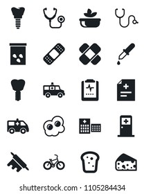 Set of vector isolated black icon - medical room vector, seeds, diagnosis, stethoscope, dropper, patch, ambulance car, bike, implant, pulse clipboard, hospital, salad, bread, rolling pin, omelette