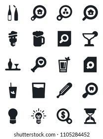 Set of vector isolated black icon - document search vector, bulb, thermometer, heart diagnostic, ampoule, cargo, estate, alcohol, drink, cocktail, phyto bar, beer, energy saving, consumer, money