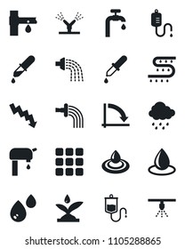 Set of vector isolated black icon - crisis graph vector, watering, water drop, rain, drip irrigation, dropper, menu, supply, sprinkler