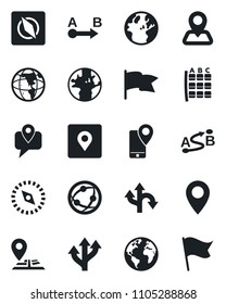Set of vector isolated black icon - seat map vector, route, navigation, earth, pin, mobile tracking, network, place tag, compass, flag