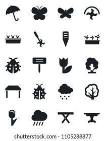 Set of vector isolated black icon - umbrella vector, ripper, tree, butterfly, lady bug, seedling, rain, plant label, picnic table, tulip