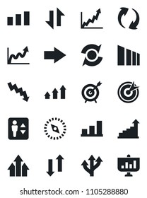 Set of vector isolated black icon - elevator vector, right arrow, growth statistic, crisis graph, route, sorting, update, data exchange, compass, bar, target, up, presentation
