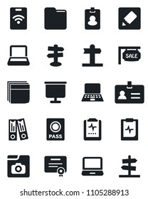Set of vector isolated black icon - passport vector, identity, office binder, notebook pc, pulse clipboard, signpost, laptop, folder, notes, photo gallery, presentation board, blank box, sale