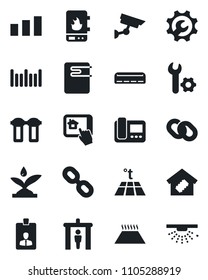 Set of vector isolated black icon - security gate vector, identity card, sorting, barcode, chain, root setup, air conditioner, smart home, irrigation, water heater, intercome, control app, filter