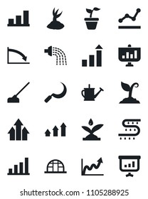 Set of vector isolated black icon - growth statistic vector, seedling, watering can, sproute, hoe, sickle, greenhouse, drip irrigation, bar graph, point, arrow up, crisis, presentation