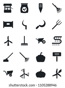 Set of vector isolated black icon - fence vector, farm fork, rake, wheelbarrow, well, hoe, sickle, plant label, pumpkin, fertilizer, drip irrigation, windmill