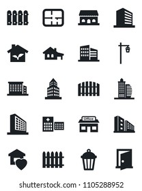 Set of vector isolated black icon - office building vector, fence, garden light, hospital, store, house with garage, plan, sweet home, cafe, eco, door