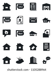 Set of vector isolated black icon - office building vector, house, pond, contract, with garage, estate document, sale, rent, sold signboard, smart home, message