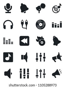 Set of vector isolated black icon - vinyl vector, flame disk, microphone, speaker, loudspeaker, settings, equalizer, headphones, rewind, rca, tuning, bell, music, sound, advertising