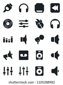 Set of vector isolated black icon - vinyl vector, flame disk, microphone, speaker, loudspeaker, settings, equalizer, headphones, rewind, hdmi, tuning, record, sound