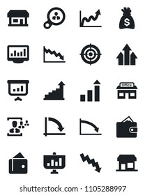 Set of vector isolated black icon - growth statistic vector, money bag, crisis graph, store, monitor statistics, hr, target, consumer search, arrow up, wallet, presentation, storefront