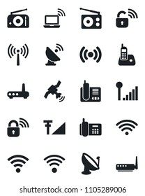 Set of vector isolated black icon - antenna vector, wireless notebook, office phone, satellite, radio, cellular signal, lock, router