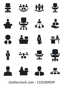 Set of vector isolated black icon - reception vector, manager, office chair, place, client, user, company, desk, hierarchy, estate agent, group