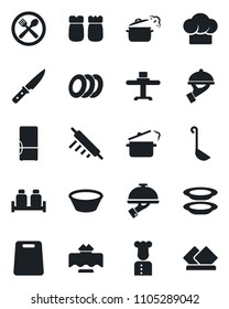 Set of vector isolated black icon - fridge vector, cook, restaurant table, cafe, hat, plates, waiter, salt and pepper, ladle, bowl, rolling pin, cutting board, knife, steaming pan, serviette