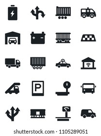 Set of vector isolated black icon - taxi vector, airport bus, parking, alarm car, ladder, ambulance, route, railroad, truck trailer, delivery, heavy scales, garage, gate control, battery