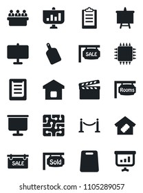 Set of vector isolated black icon - fence vector, presentation board, meeting, clipboard, clapboard, sale, rooms, sold signboard, smart home, cutting, chip