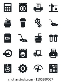 Set of vector isolated black icon - coffee machine vector, washer, fork loader, gear, ripper, lawn mower, tomography, printer, copier, crane, water filter, combination lock