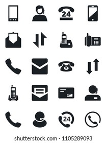 Set of vector isolated black icon - office phone vector, 24 hours, support, cell, radio, mail, mobile, call, data exchange