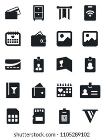Set of vector isolated black icon - identity vector, card, medical calendar, gallery, sd, sim, archive box, wine, credit, pass, wallet, pennon