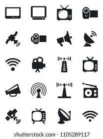 Set of vector isolated black icon - antenna vector, satellite, radio, loudspeaker, tv, video camera, wireless