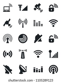 Set of vector isolated black icon - antenna vector, wireless notebook, radar, satellite, equalizer, mute, cellular signal, lock