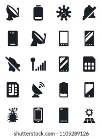 Set of vector isolated black icon - satellite antenna vector, mobile phone, virus, cell, low battery, back, sim, mute, cellular signal, sun panel