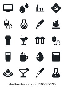 Set of vector isolated black icon - hot cup vector, water drop, dropper, flammable, monitor, alcohol, drink, cocktail, filter, flask