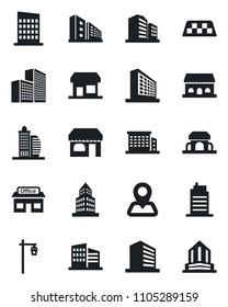 Set of vector isolated black icon - taxi vector, shop, office building, garden light, navigation, store, city house, cafe, storefront