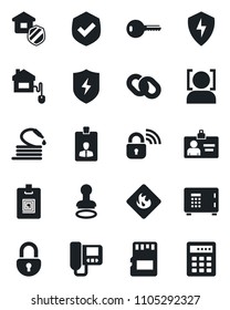 Set of vector isolated black icon - stamp vector, safe, identity card, hose, shield, flammable, chain, protect, sd, lock, face id, key, estate insurance, home control, wireless, intercome