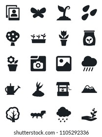 Set of vector isolated black icon - flower in pot vector, tree, watering can, sproute, butterfly, seedling, rain, well, seeds, caterpillar, fertilizer, gallery, photo, fruit, mountains, palm