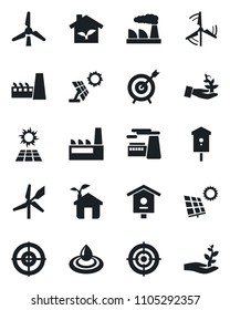 Set of vector isolated black icon - factory vector, bird house, target, sun panel, windmill, eco, water, palm sproute