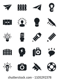 Set of vector isolated black icon - automatic door vector, brainstorm, bulb, camera, pencil, fence, rolling pin, energy saving, shining head, idea, paper plane, crisis management
