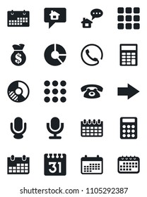 Set of vector isolated black icon - right arrow vector, calendar, circle chart, microphone, menu, calculator, phone, home message, money bag