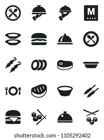 Set of vector isolated black icon - spoon and fork vector, dish, cafe, menu, plates, waiter, steak, kebab, hamburger, bowl, sushi