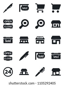 Set of vector isolated black icon - 24 around vector, pen, store, search cargo, sale, sold signboard, cafe building, open close, cart, storefront