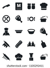 Set of vector isolated black icon - cook vector, cafe, hat, menu, bacon, salt and pepper, ham, bowl, rolling pin, cutting board, knife, steaming pan