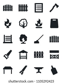 Set of vector isolated black icon - fence vector, tree, saw, fire, hoe, axe, abacus, table, alcove, cutting board