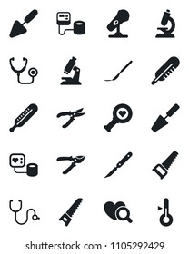 Set of vector isolated black icon - trowel vector, pruner, saw, stethoscope, blood pressure, thermometer, heart diagnostic, microscope, scalpel, microphone