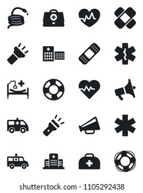 Set of vector isolated black icon - hose vector, heart pulse, doctor case, patch, ambulance star, car, hospital bed, loudspeaker, torch, crisis management