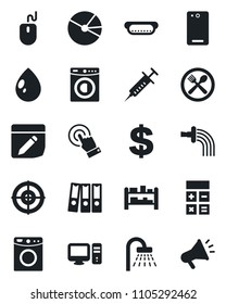 Set of vector isolated black icon - shower vector, dollar sign, calculator, mouse, watering, water drop, syringe, rack, touch screen, phone back, notes, pie graph, paper binder, target, washer, cafe